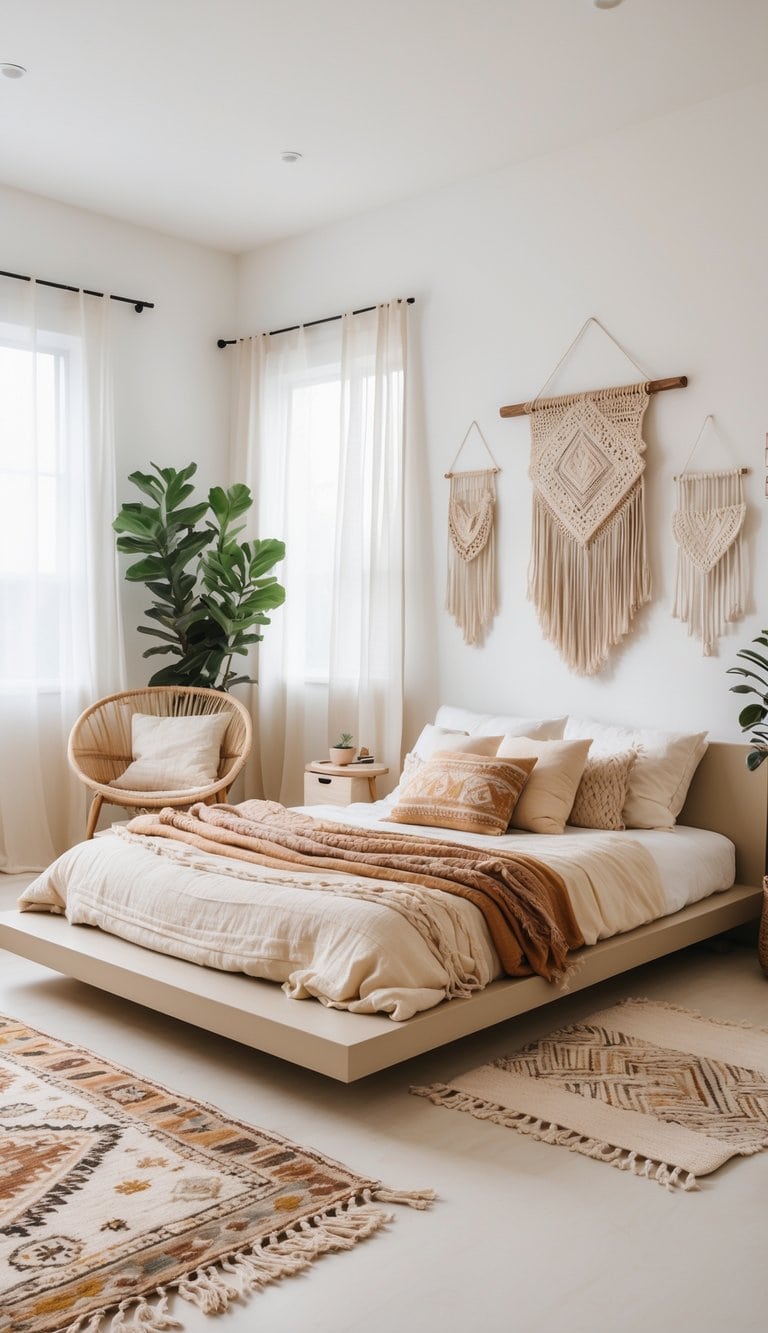 A bright and clean bedroom with a low platform bed, textured linens, a wooden nightstand, a woven chair, plants, and natural light coming through large windows.