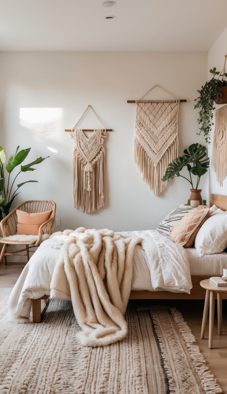 A bright and clean bedroom with a wooden bed, a chair with a sheepskin throw, textured rugs, plants, and natural light coming through a window.