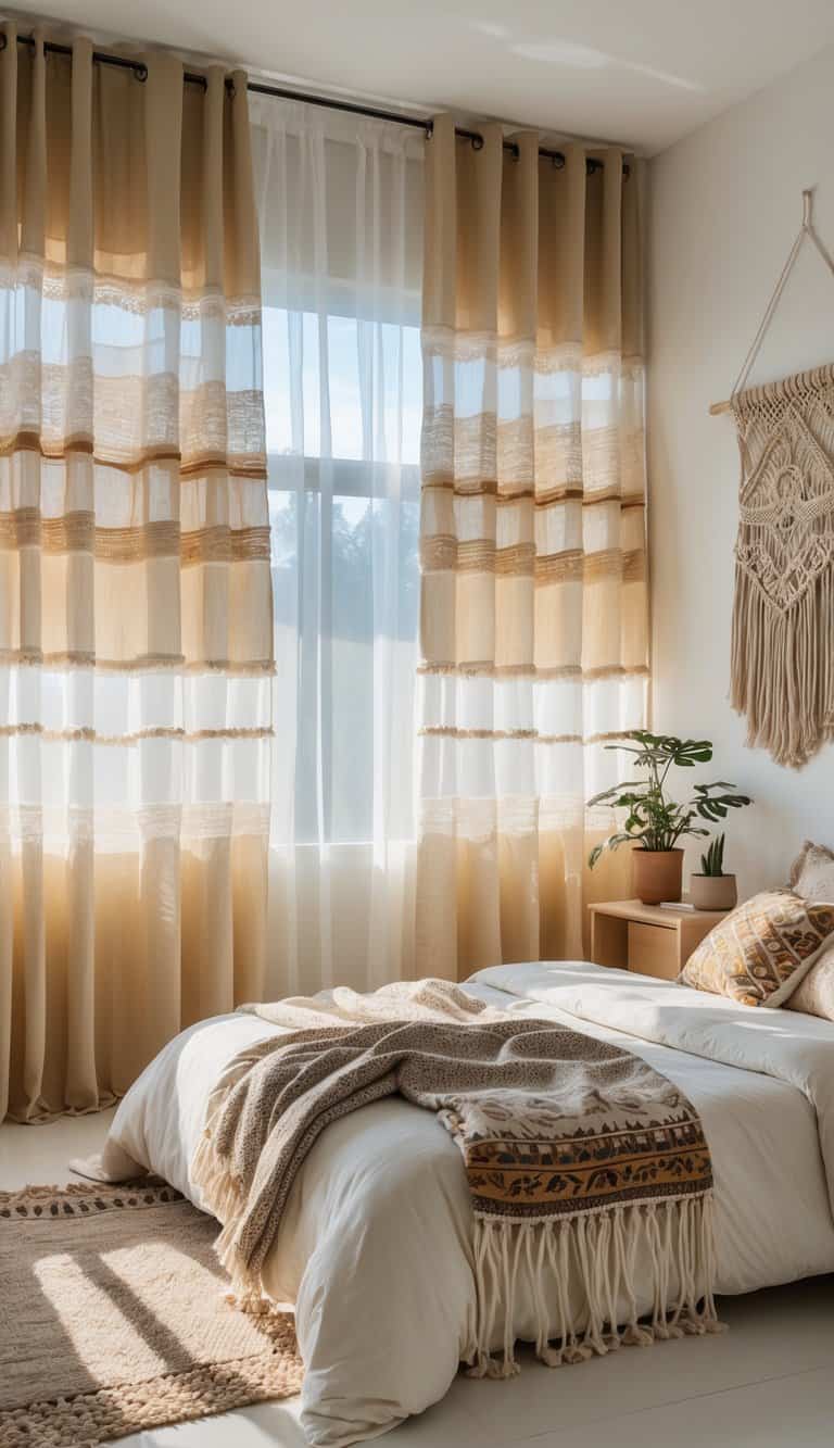 A bright bedroom with layered curtains, a neatly made bed, styled furniture, and textured decor creating a clean and inviting space.