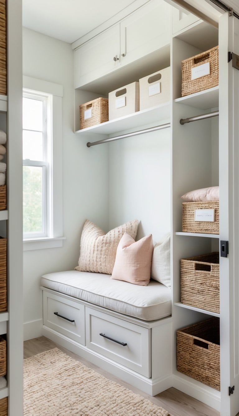 A bright closet featuring a cozy seating bench with storage underneath, surrounded by organized shelves with labeled bins and baskets.