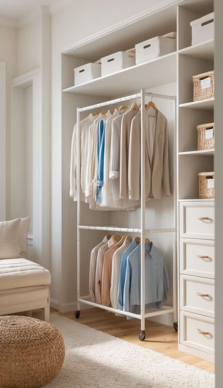 A bright and tidy closet featuring a collapsible garment rack with neatly hung clothes, labeled storage bins, and organized shelves in a clean room.