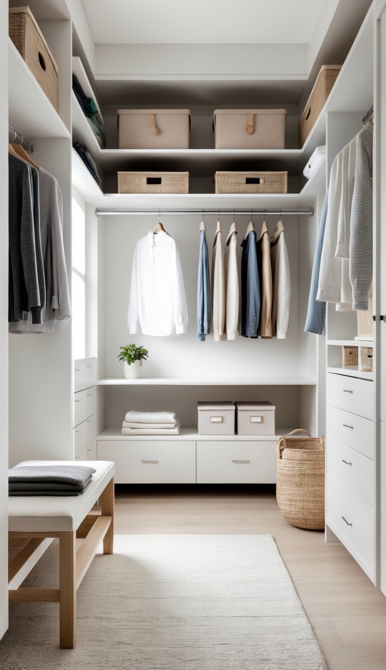 A bright and clean closet room with organized shelves, hanging clothes, storage bins, a bench, and a small plant.