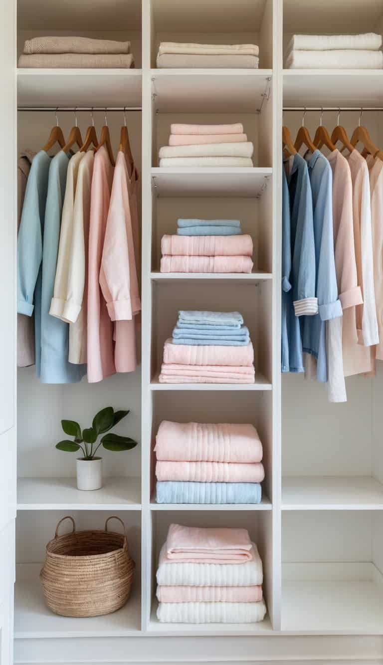 A closet with open shelves showing neatly folded pastel towels on a middle shelf and matching hangers holding organized clothes.