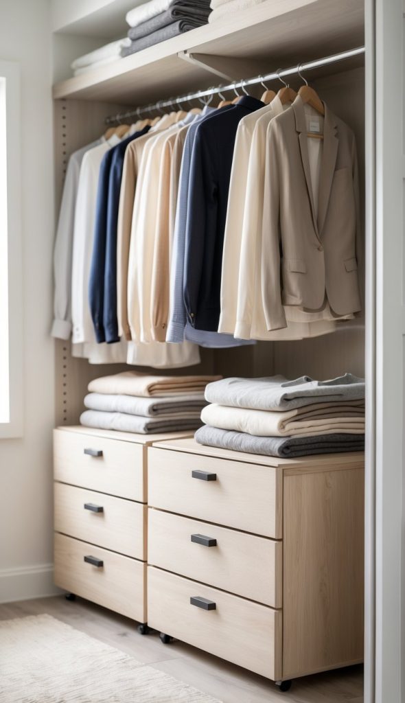 A well-organized closet featuring a row of neatly hung blazers and shirts in neutral and pastel colors, with folded blankets arranged on two wooden drawers below.