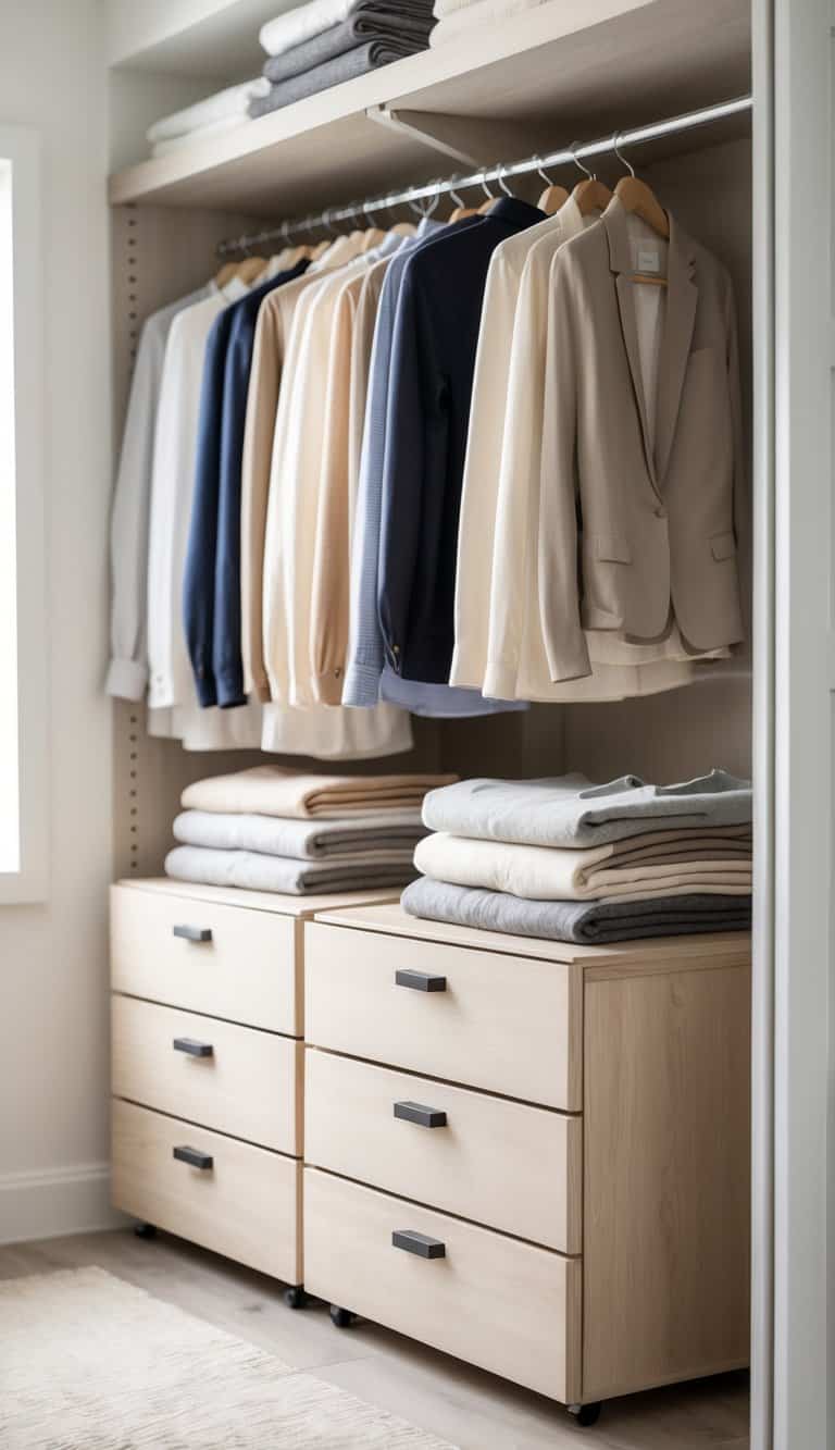 A well-organized closet featuring a row of neatly hung blazers and shirts in neutral and pastel colors, with folded blankets arranged on two wooden drawers below.