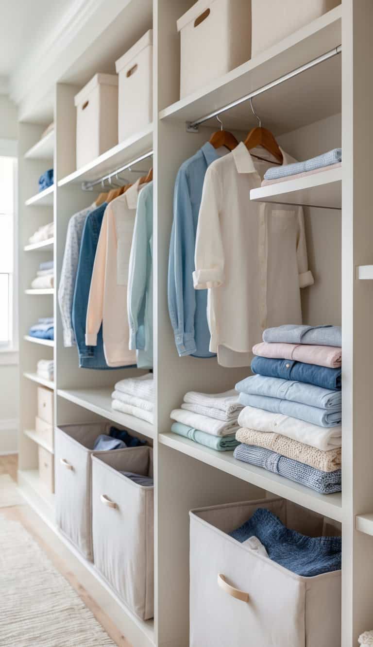 A closet shelf with light-colored bins and neatly folded clothes on open shelves, alongside clothes hanging on matching hangers.