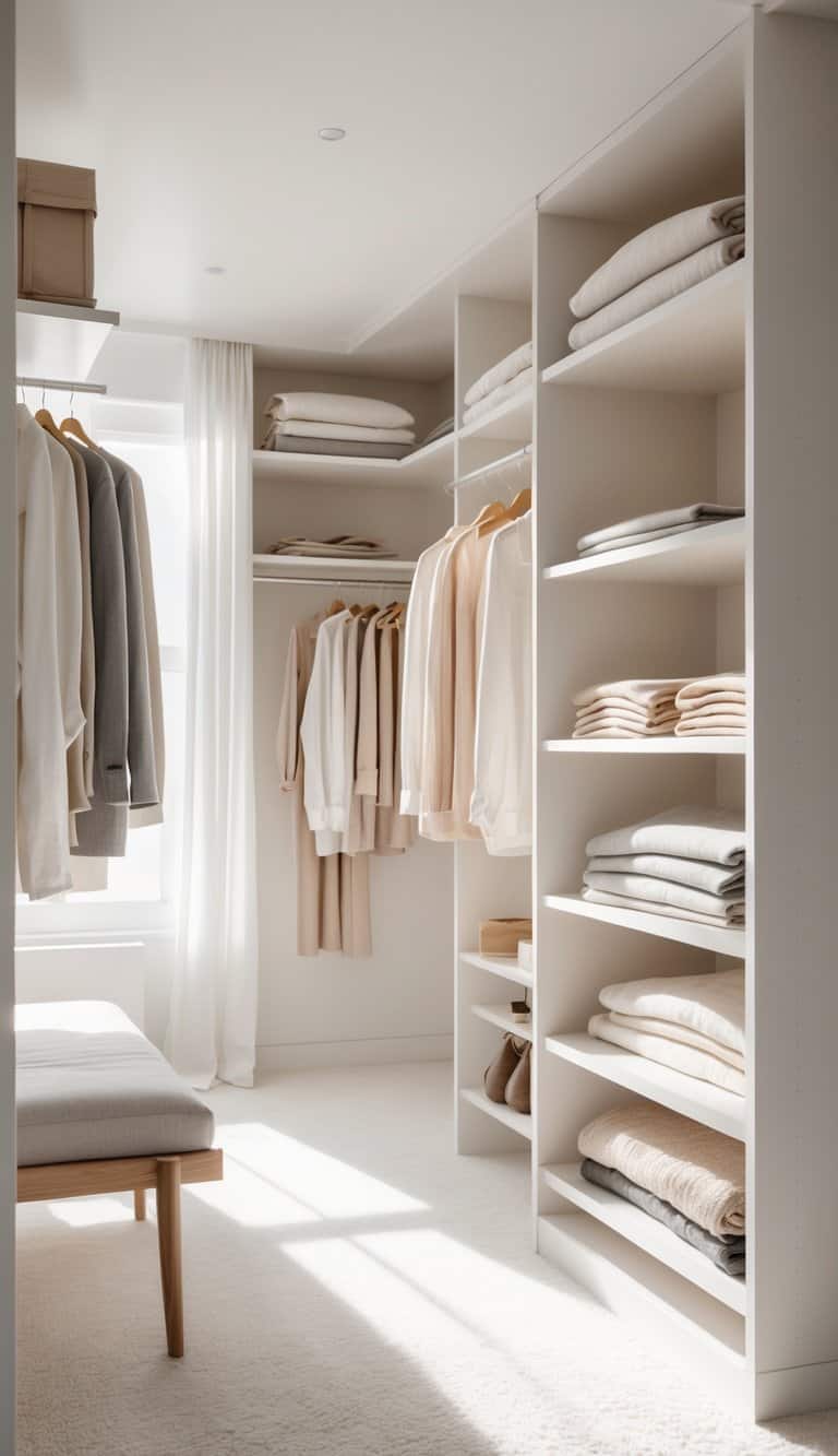 A bright and tidy closet with open shelves holding folded clothes and matching hangers, featuring a bench and natural light filling the space.