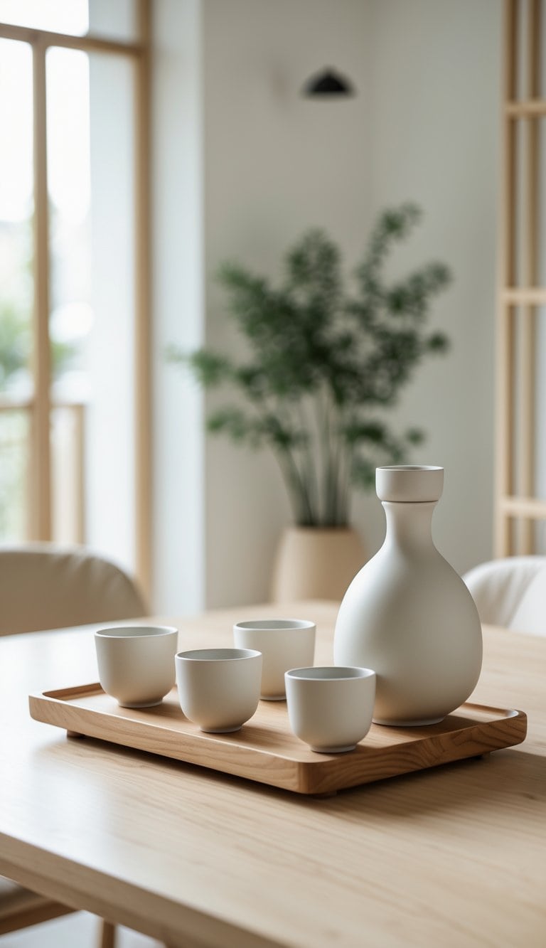 A ceramic sake set with a flask and small cups arranged on a wooden dining table in a bright dining room.