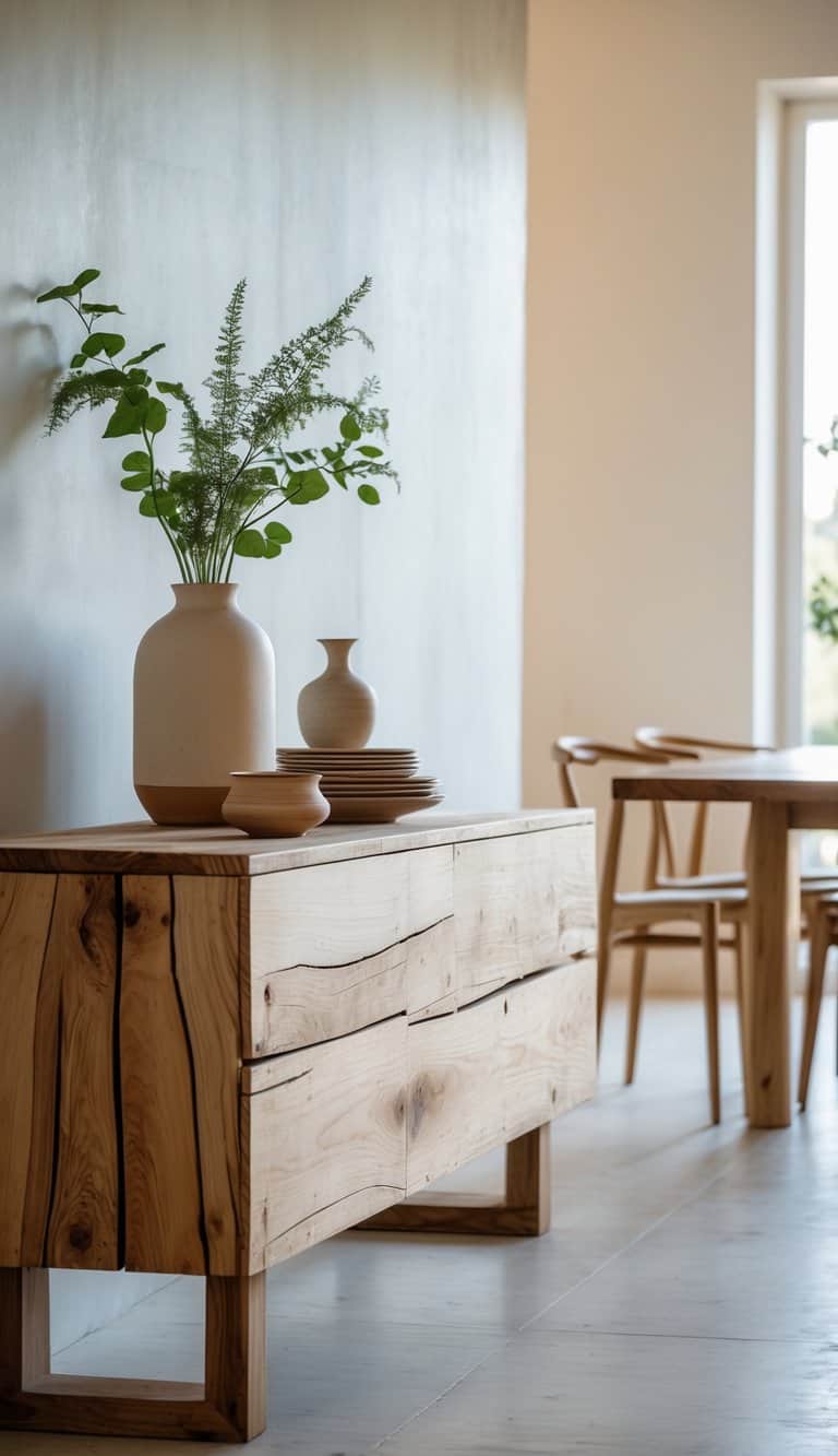 A rustic wooden sideboard in a bright dining room with a wooden table and chairs nearby, decorated with a vase of greenery and simple tableware.