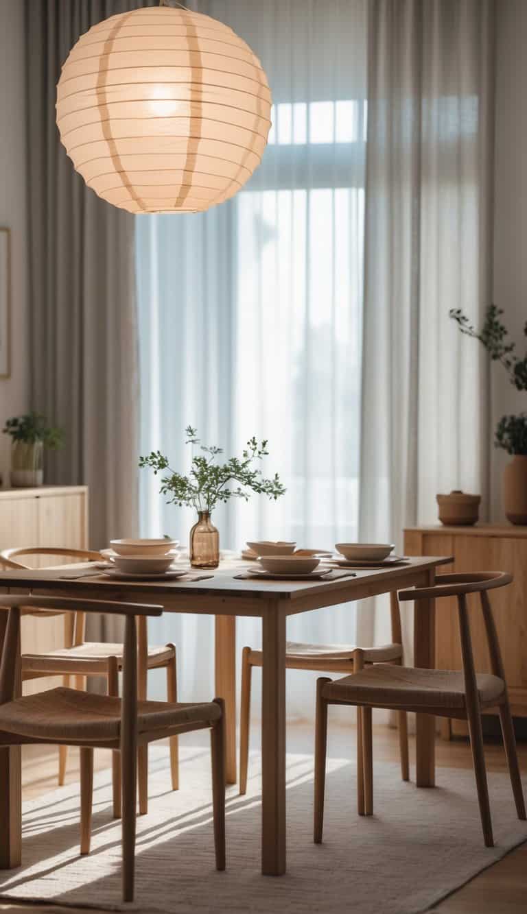 A dining room with a wooden table and a large paper lantern pendant light hanging above it, set with plates and glassware, with natural light coming through sheer curtains.