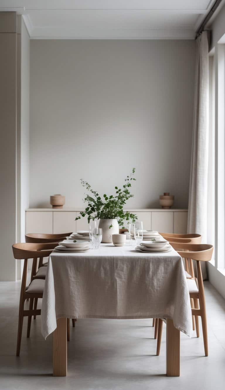 A dining table with a subtle linen tablecloth set with plates and glassware in a bright, minimalist dining room.
