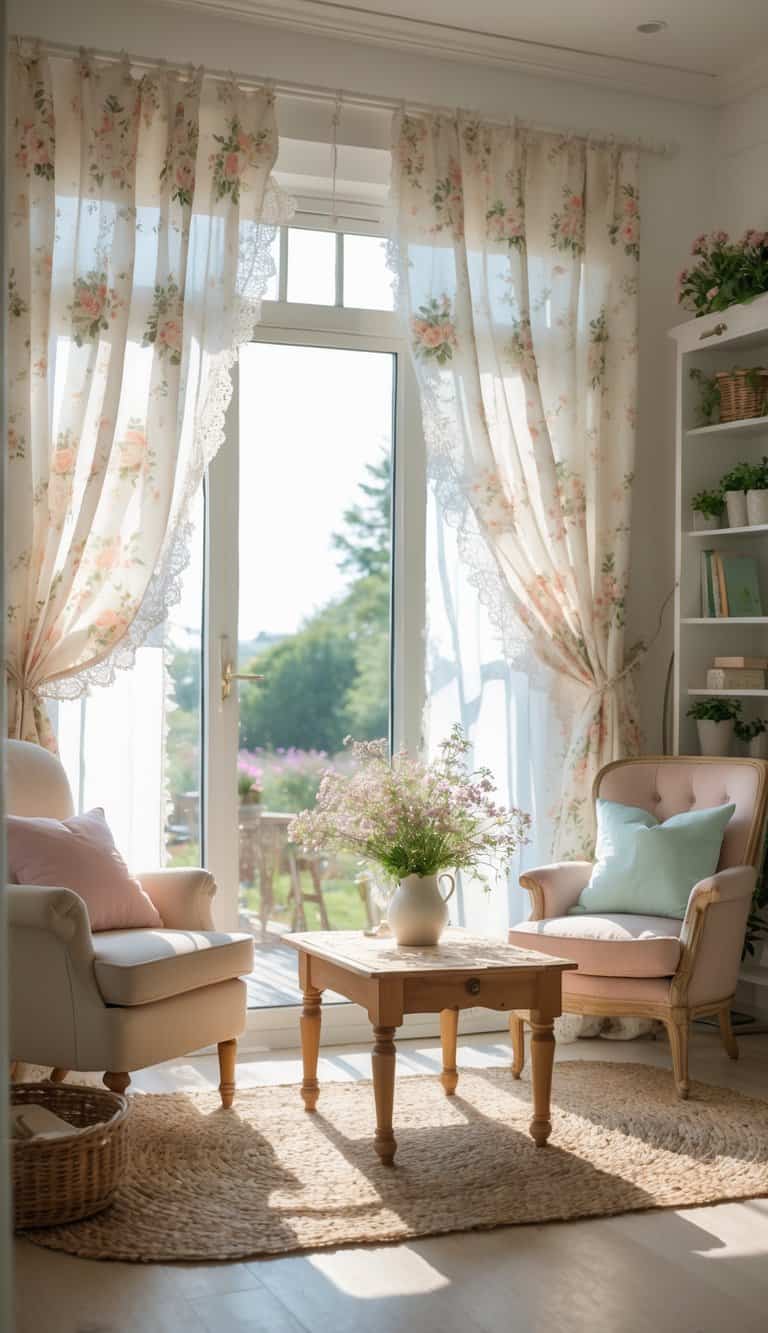 A living room with floral curtains and lace trim, sunlight coming through a window, cozy armchair, wooden coffee table with flowers, and shelves with books and plants.