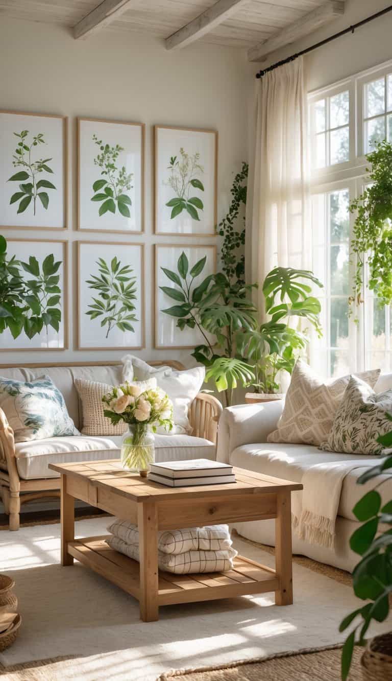 A cozy living room with framed botanical prints on the walls, a sofa with cushions, wooden furniture, green plants, and sunlight coming through large windows.