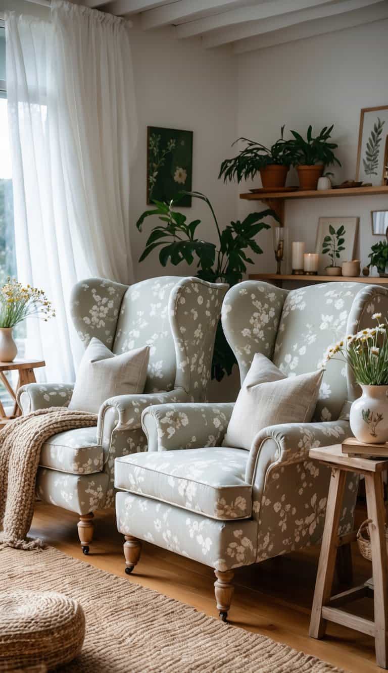 A cozy living room with two cushioned wingback chairs near a window, surrounded by wooden furniture, plants, and decorative items.