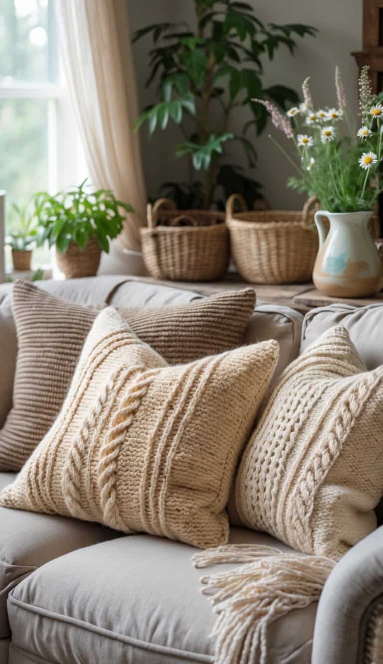 A cozy living room corner with hand-knit throw pillows on a sofa, surrounded by wooden furniture, plants, and soft natural light.