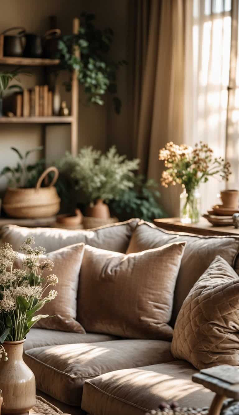 A living room with velvet pillows on a sofa, wooden furniture, plants, and soft sunlight coming through curtains.