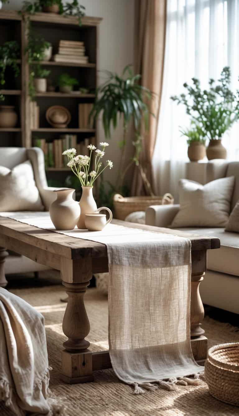 Living room with a wooden coffee table covered by a natural linen table runner, surrounded by armchairs and decorated with plants and books.