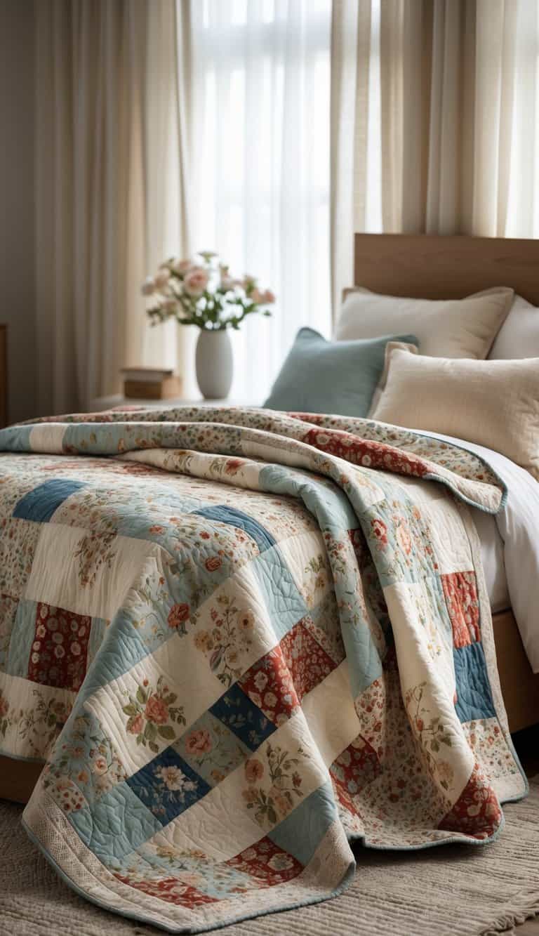 A bedroom with a bed covered by a colorful patchwork quilt featuring floral and paisley patterns.