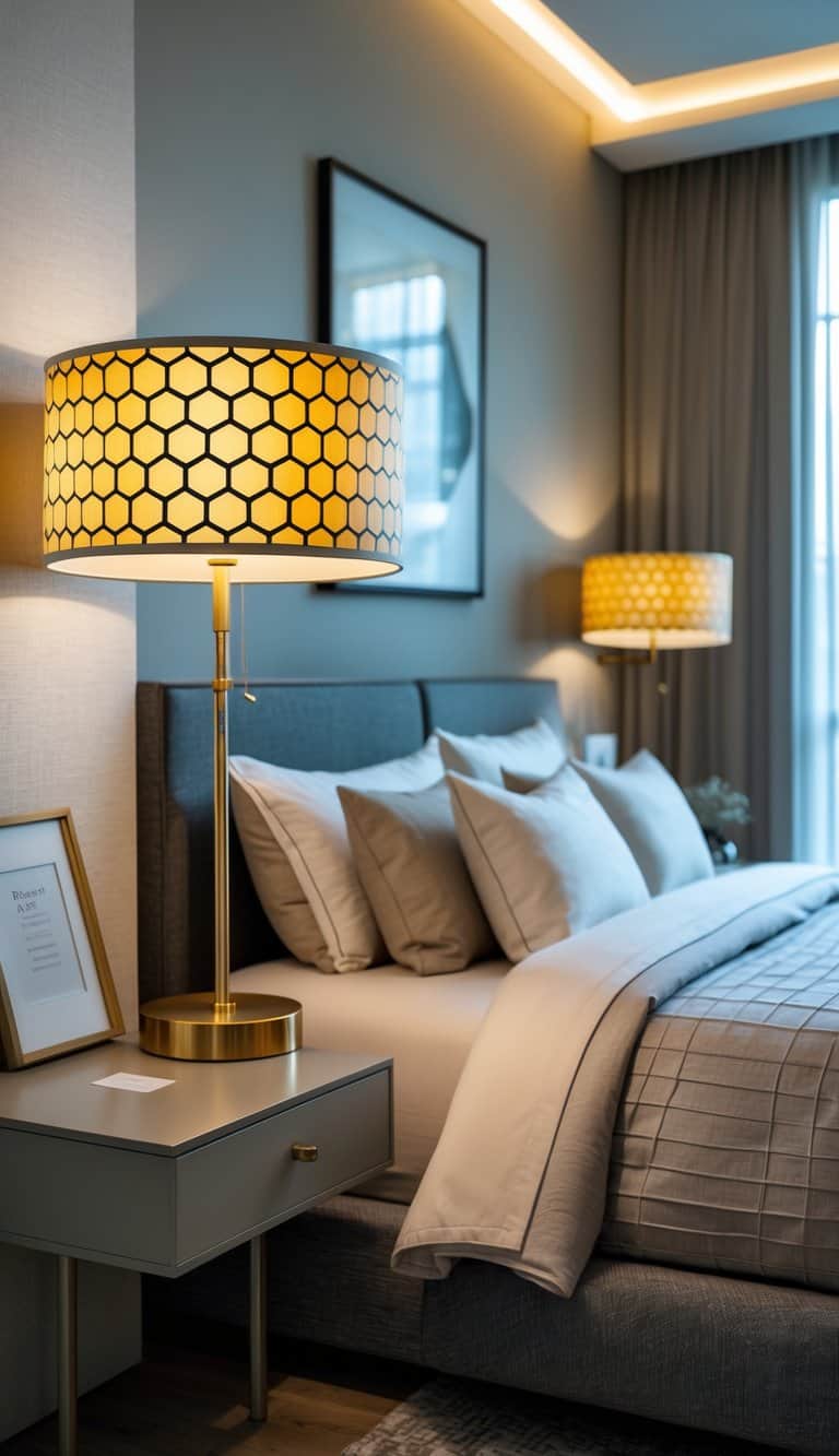 A bedroom with bedside lamps featuring hexagon-patterned lampshades on bedside tables next to a made bed.