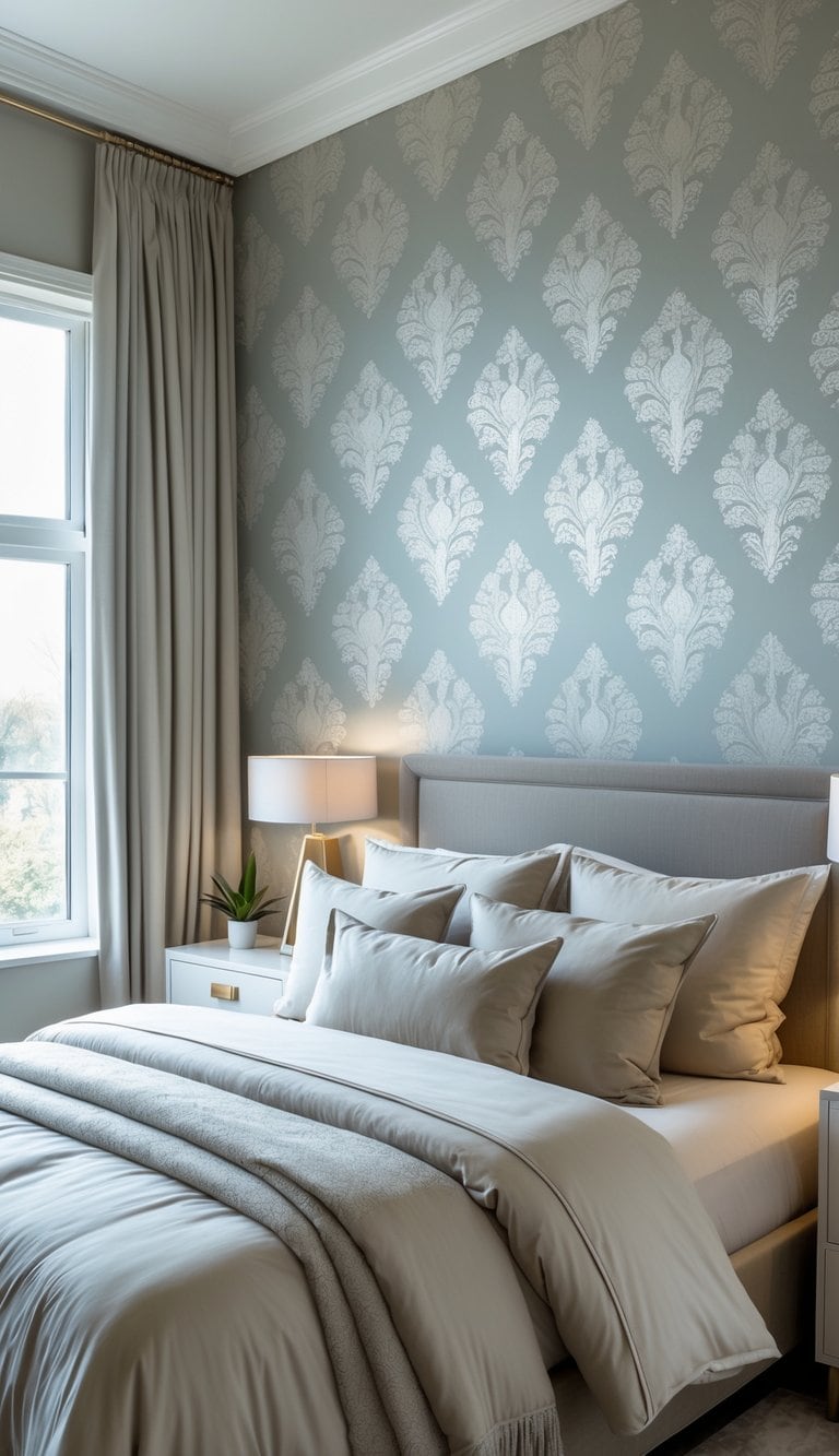 A bedroom with a large damask patterned wallpaper behind a bed with neutral bedding and bedside tables with lamps.
