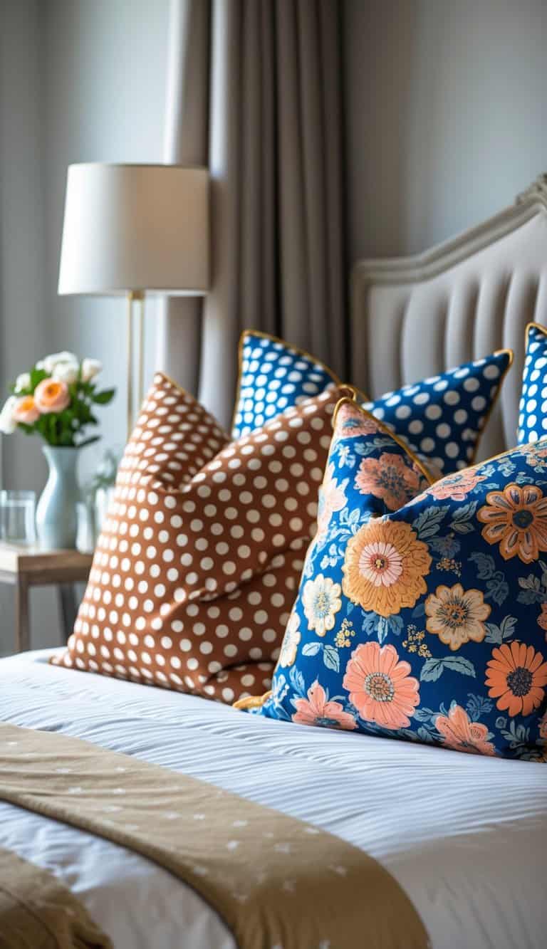 A bedroom with a bed decorated with cushions featuring polka dot and floral patterns, a bedside table with a lamp and flowers, and soft natural lighting.
