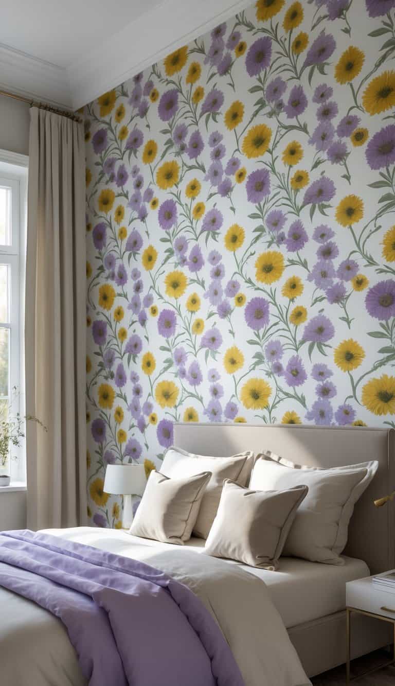 A bedroom with patterned wallpaper featuring purple asters and yellow goldenrods, a bed with neutral linens, and soft natural light coming through a window.