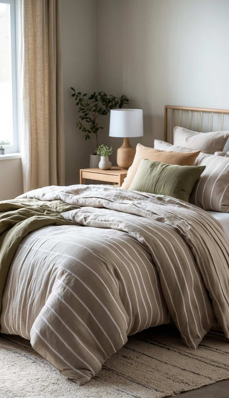 A neatly made bed with striped linen bedding in muted earth tones in a softly lit bedroom with a wooden nightstand and a small plant.