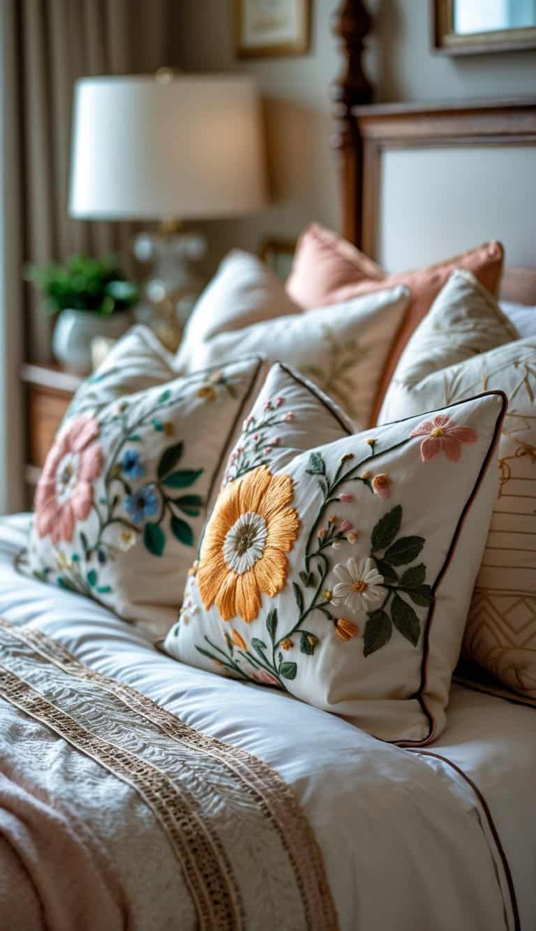 A bedroom with a bed decorated with several pillows featuring floral embroidery patterns.