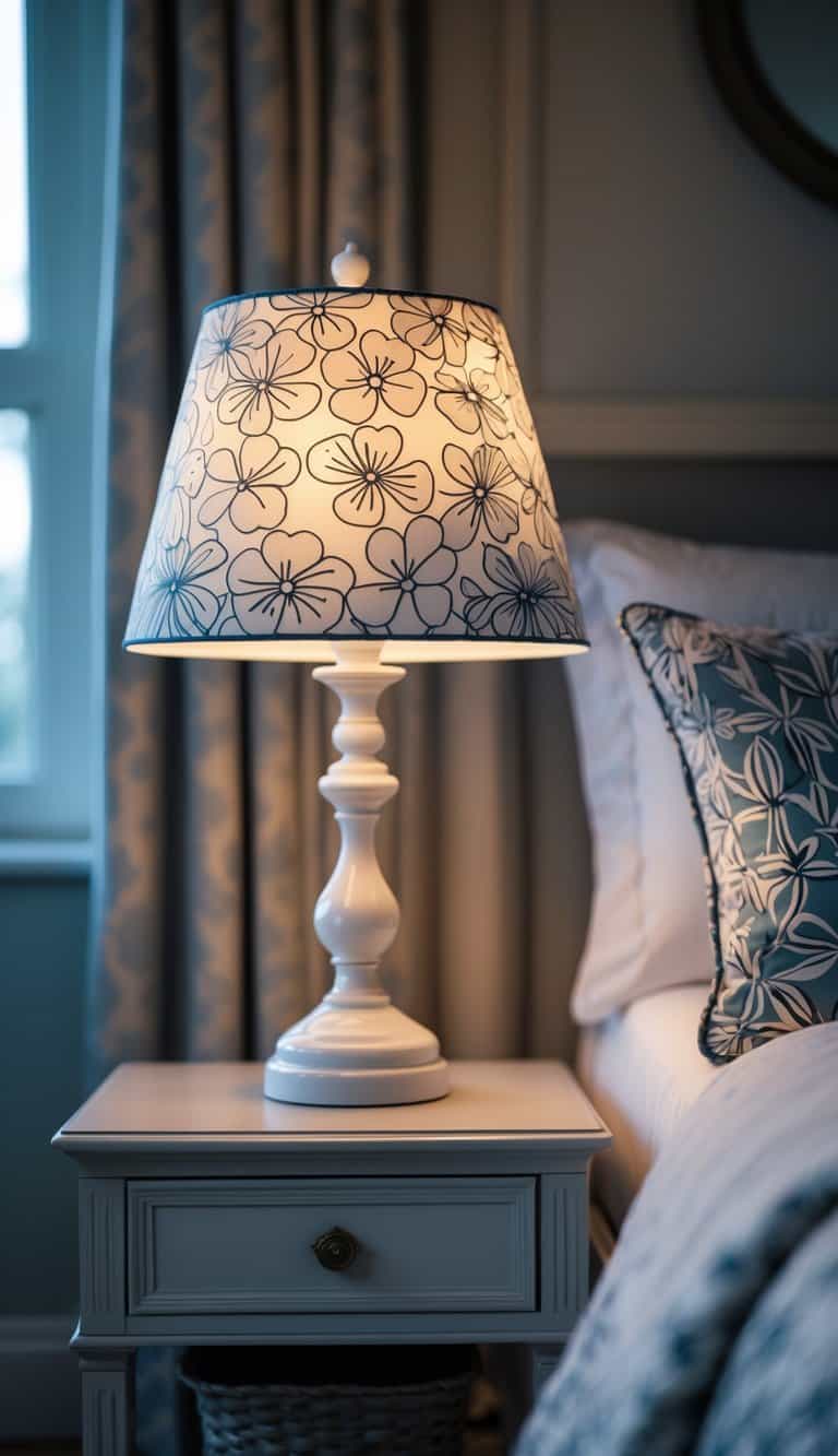 A bedside lamp with a billy-ball flower pattern on the lampshade sits on a table next to a bed in a cozy bedroom.