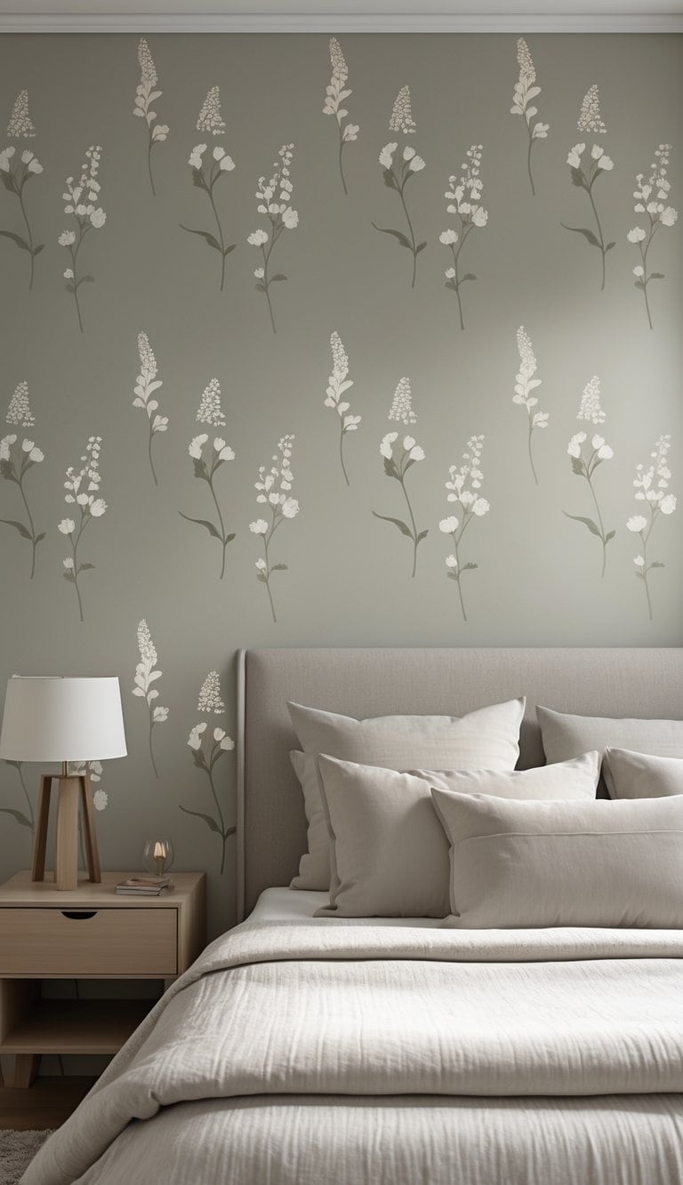 A bedroom with a bed and patterned wallpaper featuring subtle foxglove flower silhouettes.