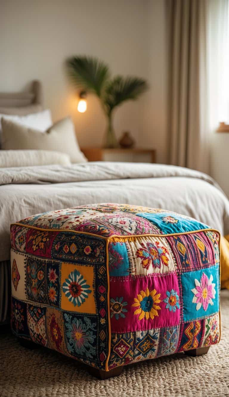 A bedroom with a colorful patchwork ottoman featuring folk art patterns at the foot of the bed.