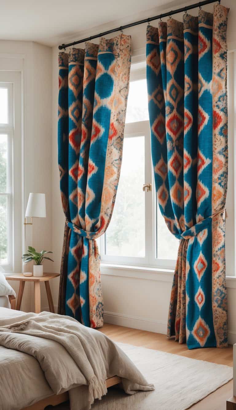 Bedroom with patterned fabric curtains hanging by a window, a bed with neutral linens, and wooden furniture.