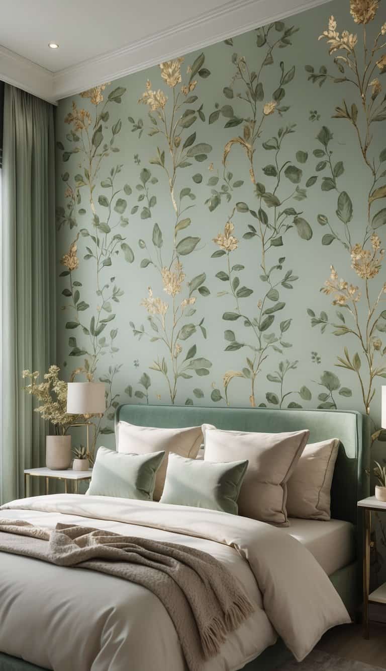 A bedroom with a bed in front of a wall covered in soft green and gold botanical patterned wallpaper, with natural light and simple furnishings.