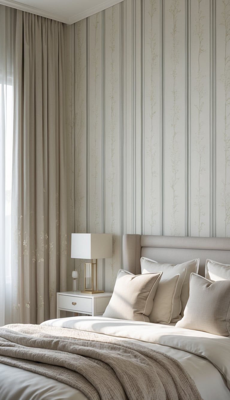 A bedroom with patterned wallpaper featuring subtle stripes and floral designs, a neatly made bed, bedside tables, and soft natural lighting.