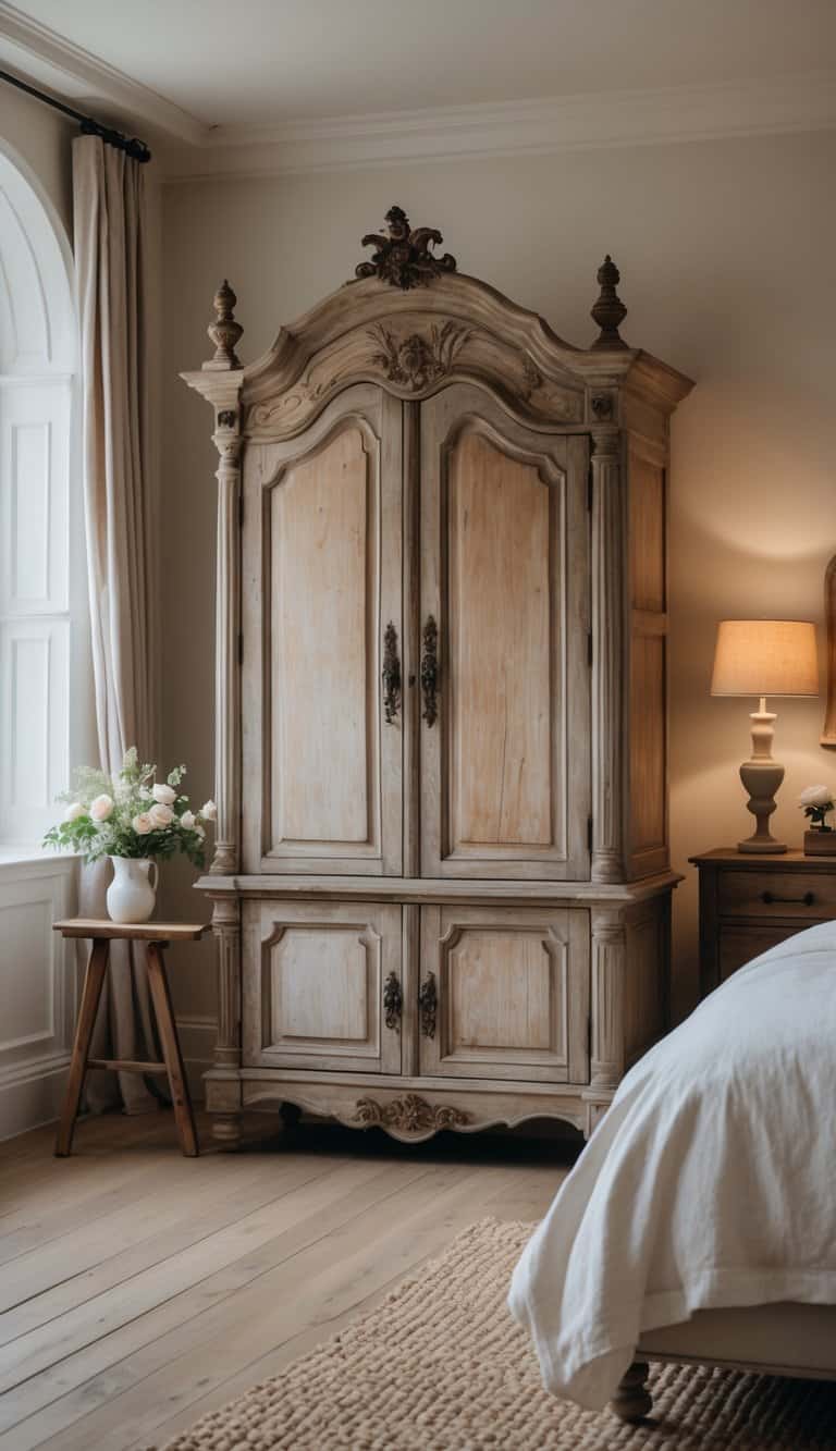 A bedroom with a large vintage wooden armoire, a bed with white linens, a nightstand with a lamp, and natural light filling the room.