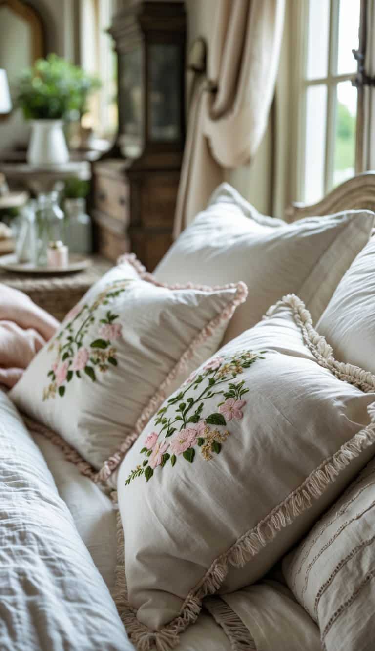 A cozy bedroom with a bed decorated with plush floral embroidered throw pillows and rustic wooden furniture.