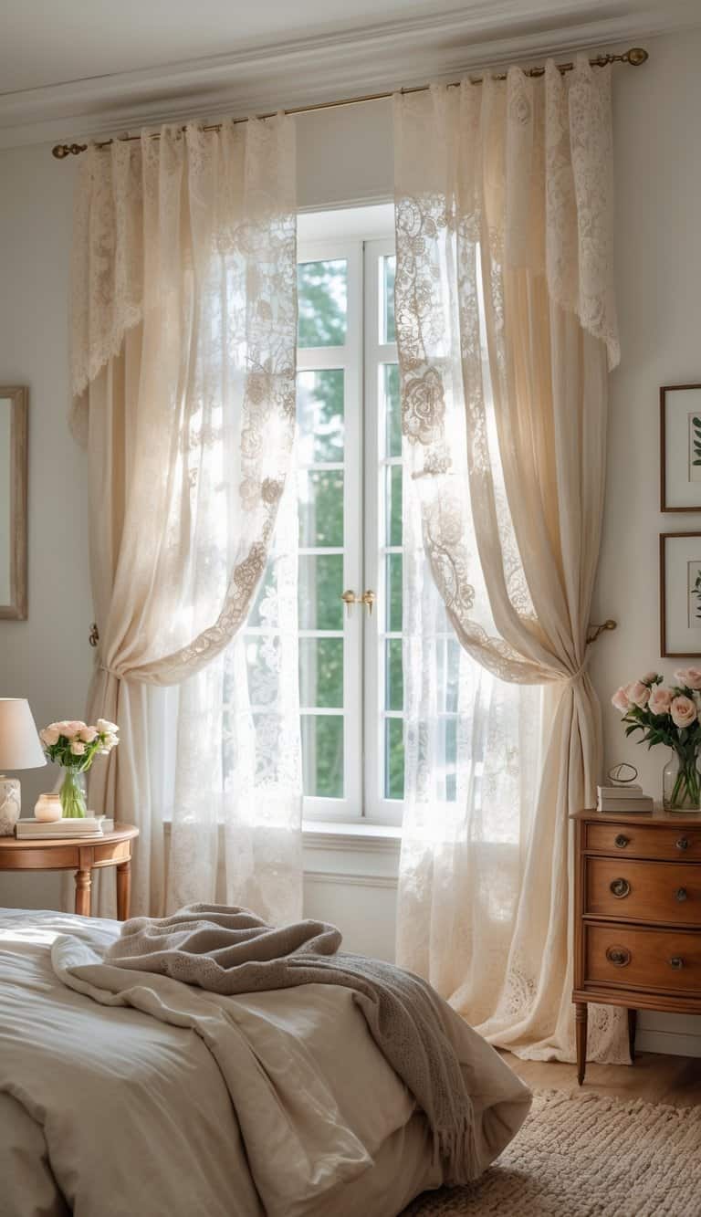 A bright bedroom with a cozy bed, wooden furniture, and delicate lace curtains softly filtering sunlight through a large window.