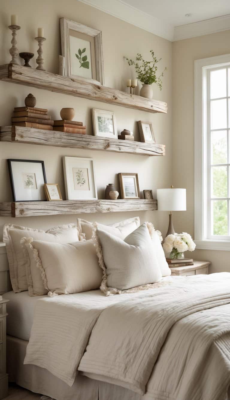 A bedroom with weathered wood picture ledges displaying framed artwork and decor above a neatly made bed.