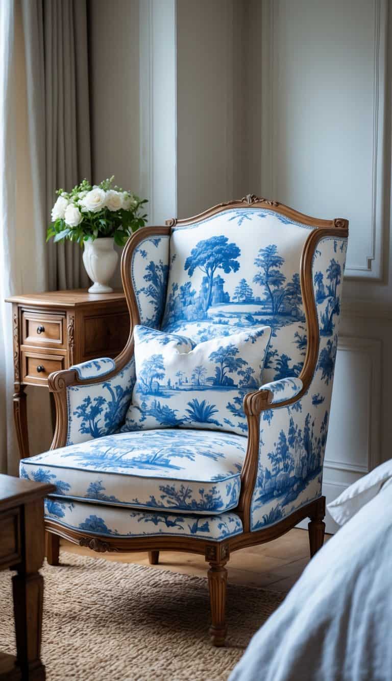 A bedroom corner with a chair upholstered in blue and white patterned fabric next to a nightstand with flowers.
