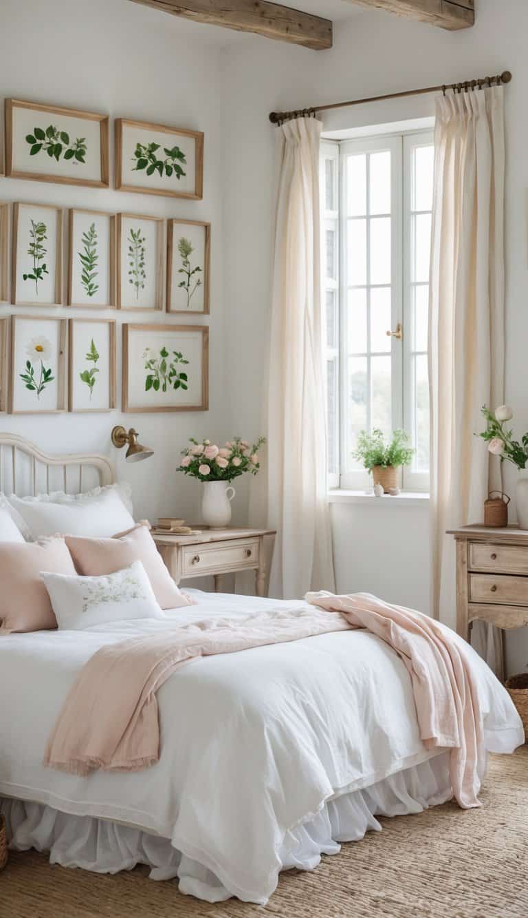 A bright bedroom with a bed, wooden furniture, and botanical prints framed in natural wood on the wall.
