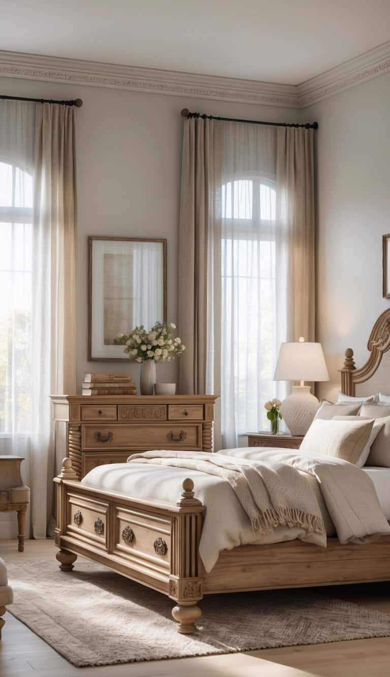 A cozy bedroom with wooden furniture featuring detailed carvings and turned legs, soft bedding, natural light, and decorative accents.