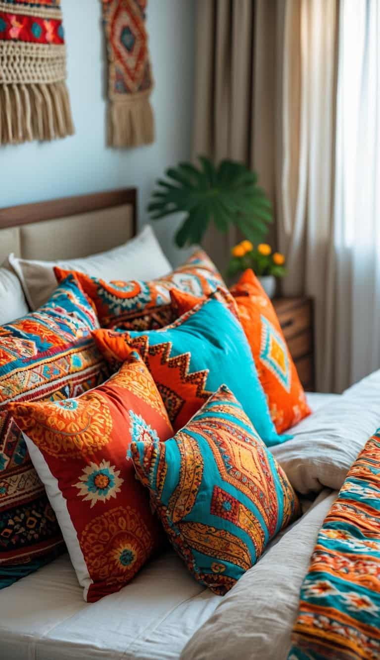 A bed with multiple colorful patterned throw pillows arranged on top in a softly lit bedroom.