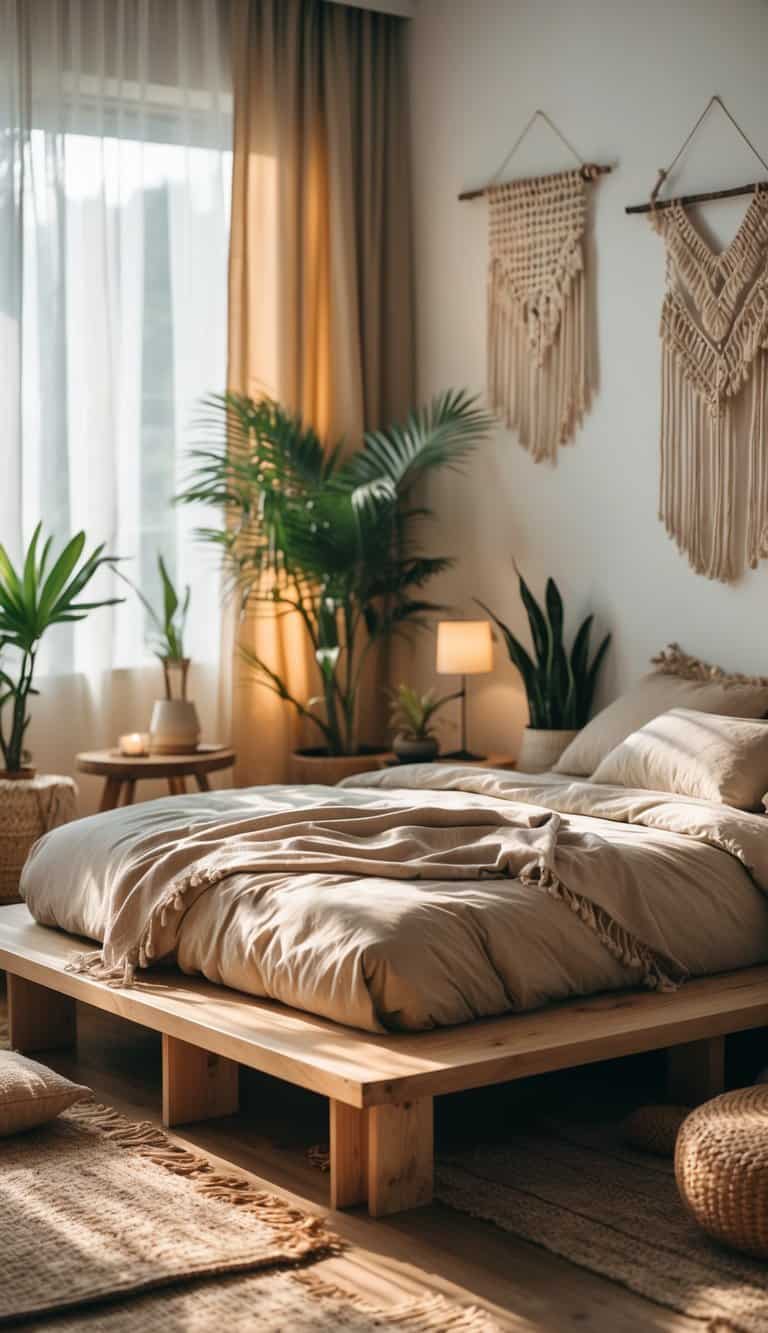 A bedroom with a low wooden platform bed, soft bedding, plants, and warm natural light.