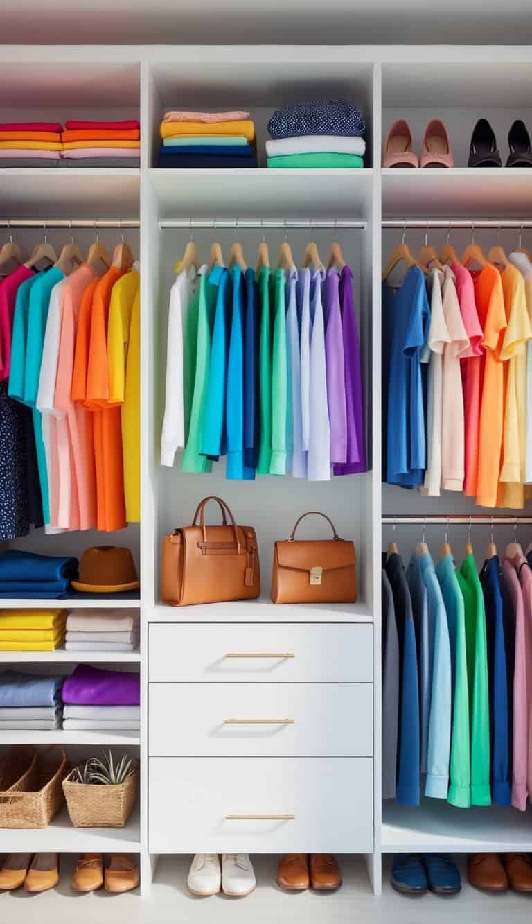 A neatly organized closet with clothes, shoes, and accessories arranged by color in a smooth gradient from warm to cool tones.