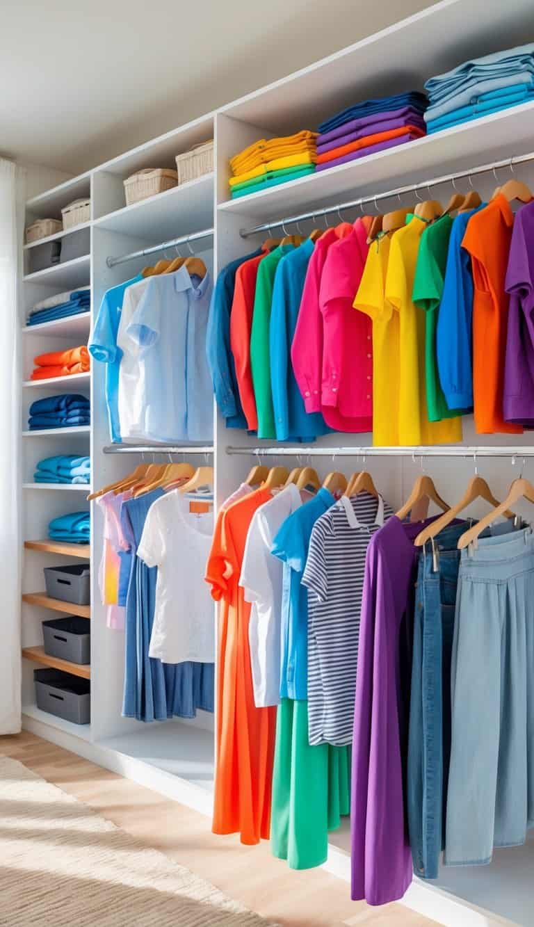 A family closet with clothes organized on color-coded hangers in different sections.