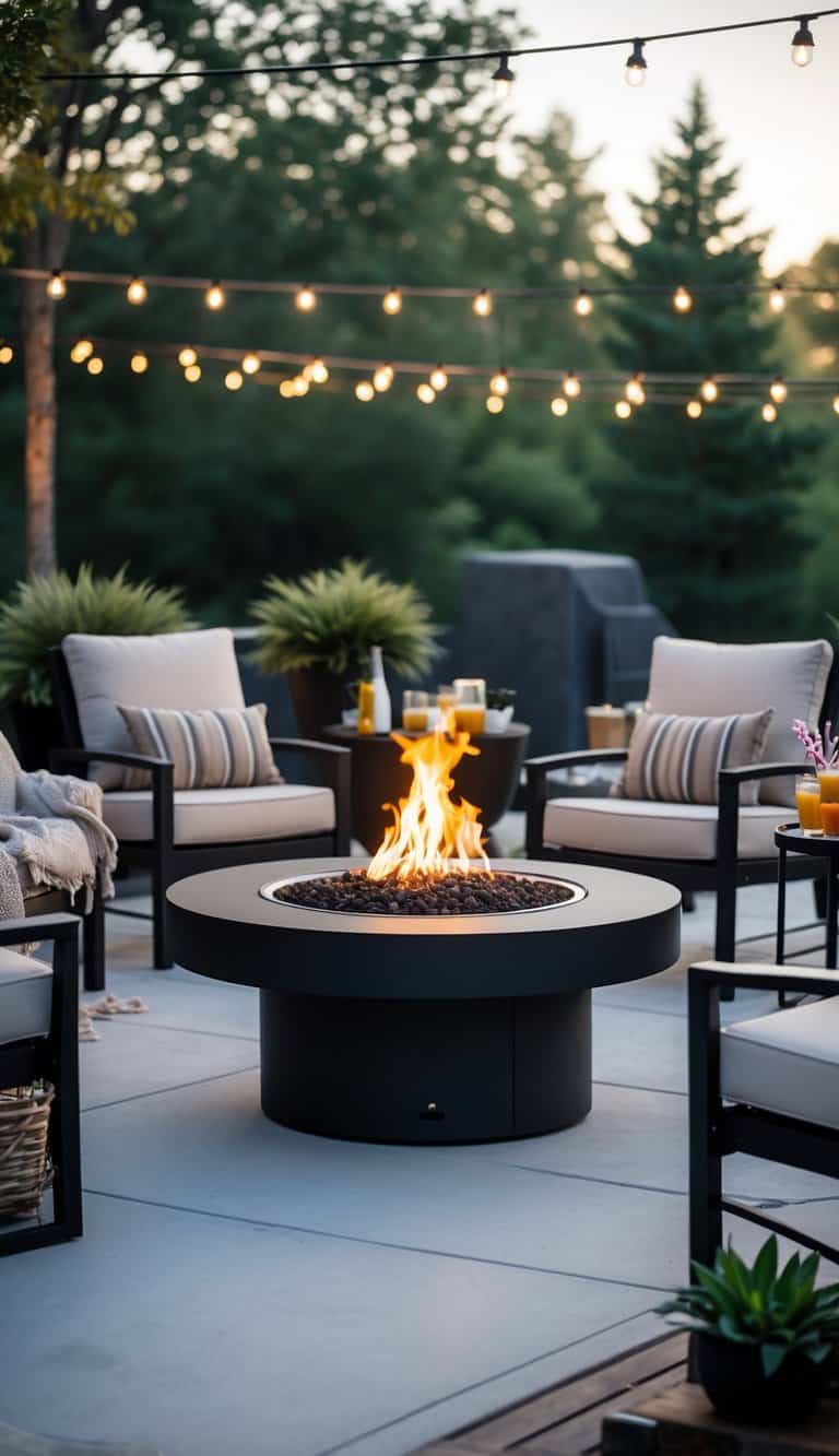 Outdoor patio with a fire pit table surrounded by chairs and plants, set for a cozy gathering.