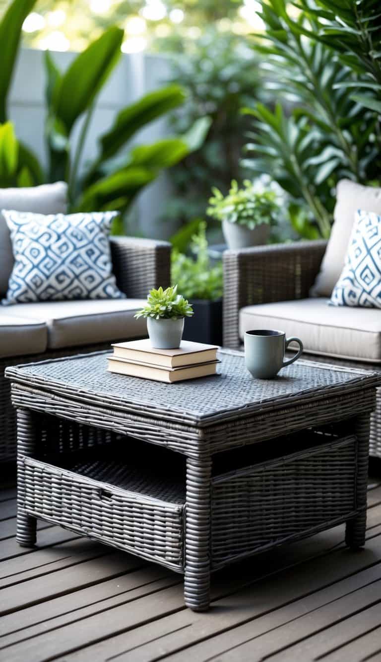 Outdoor patio with a wicker coffee table with storage surrounded by cushioned seating and green plants.