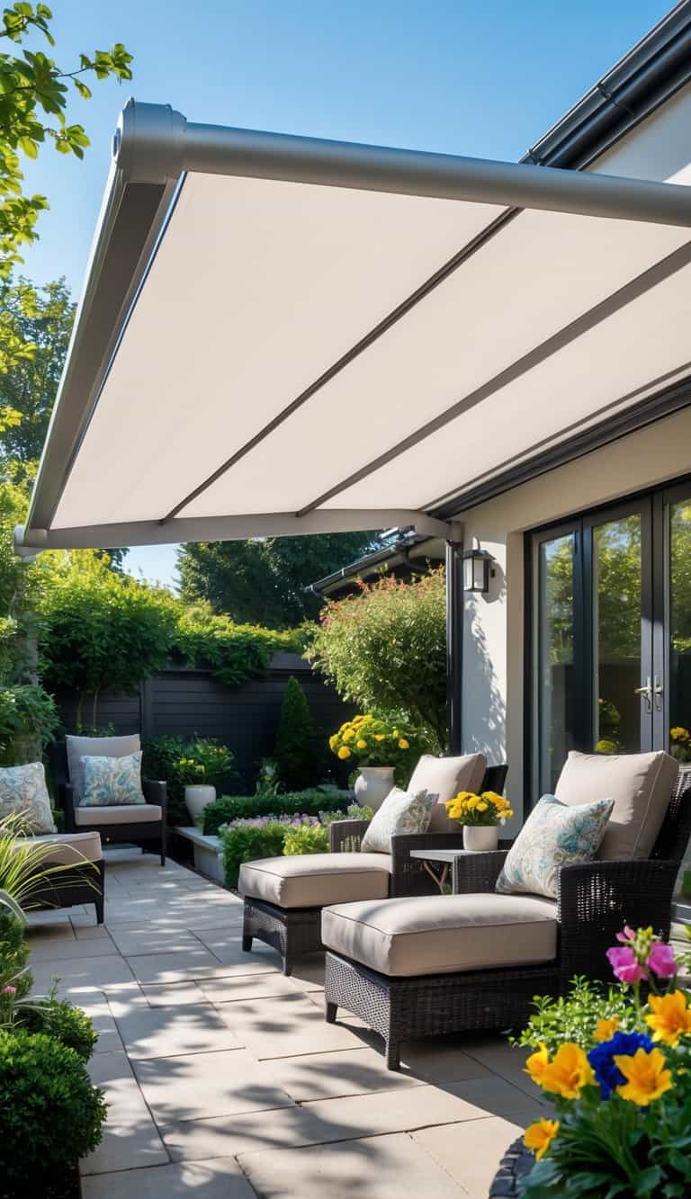 Backyard patio with a retractable awning providing shade over outdoor seating surrounded by plants and flowers.