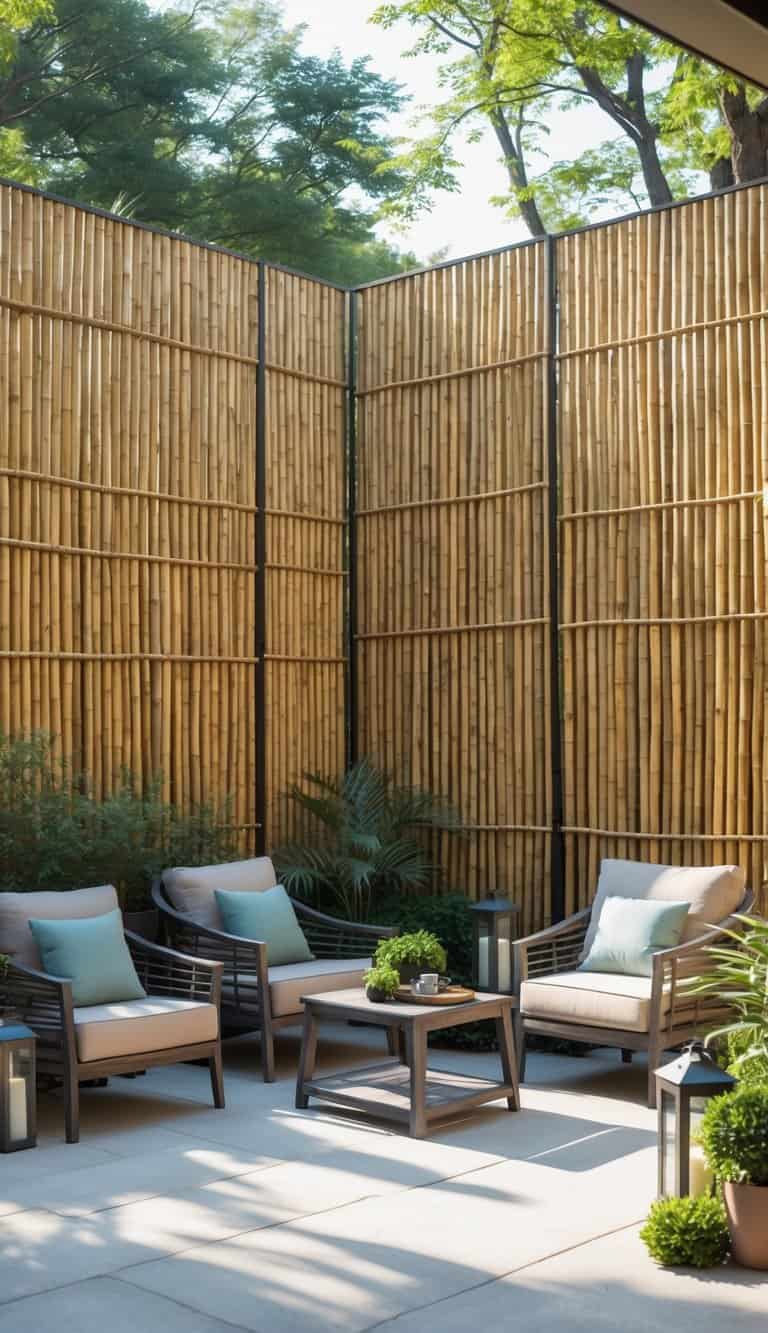 Outdoor patio with bamboo privacy screen panels surrounding a seating area with chairs and plants.