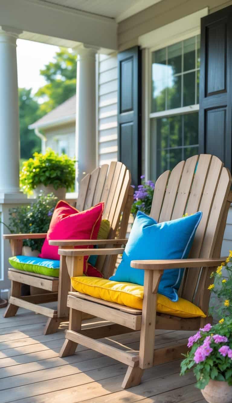 Two wooden Adirondack chairs with colorful pillows on a porch surrounded by plants.